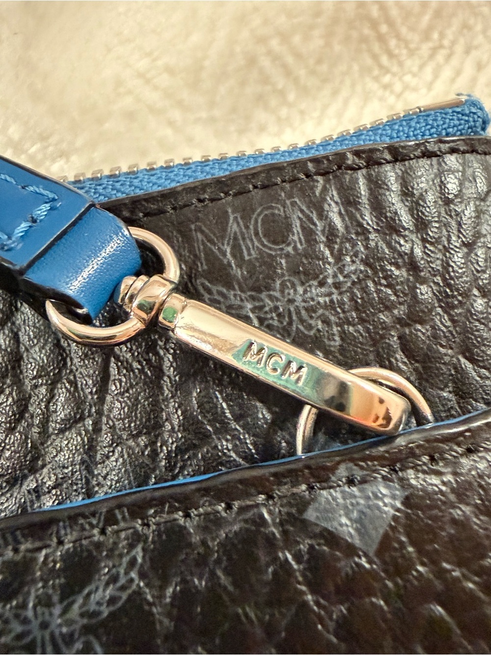 MCM Black Leather Crossbody Pouch with Blue Zip Accent - Picture 4 of 10